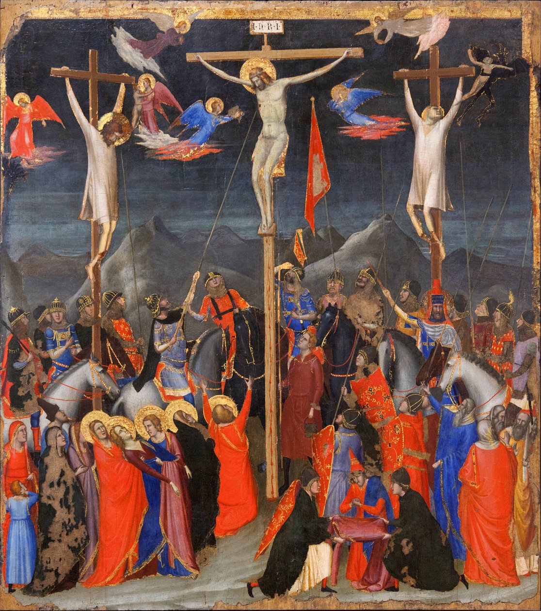 La Crocifissione - Ai lati, rappresentazione del buon ladrone (anche chiamato San Disma) e del cattivo ladrone (Gestas), due ladroni crocifissi con Gesù Cristo - Iscrizione INRI sulla croce - Dipinto di Gio da Ambrogio Bondone (workshop) Giotto