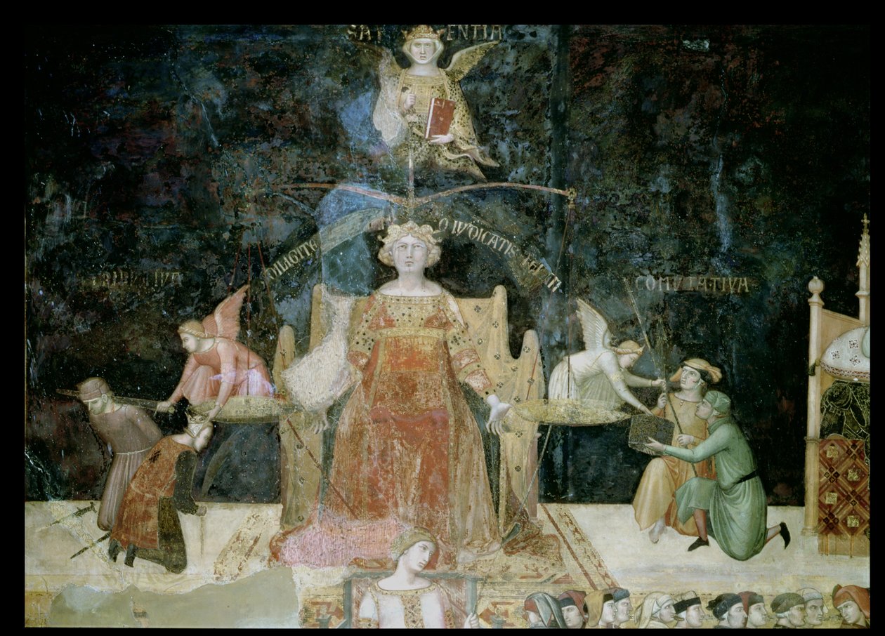 Allegoria del Buon Governo, dettaglio della Giustizia ispirata dalla Saggezza, 1338-40 da Ambrogio Lorenzetti