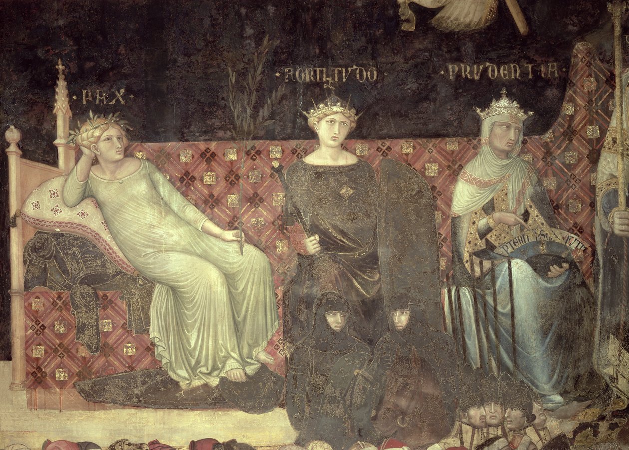 Allegoria del Buon Governo, dettaglio di Pace, Fortezza e Prudenza, 1338-40 da Ambrogio Lorenzetti