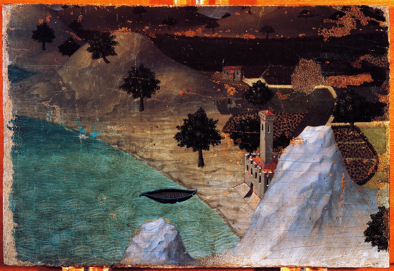 Castello sul lago, di Ambrogio Lorenzetti, pittura su legno, 22x33 cm da Ambrogio Lorenzetti