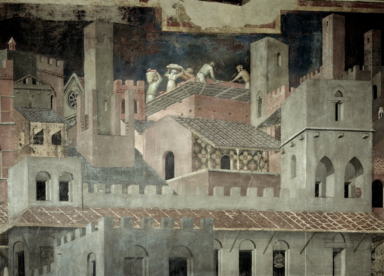 Effetti del buon governo in città, dettaglio di architettura e costruzione di una casa da Ambrogio Lorenzetti