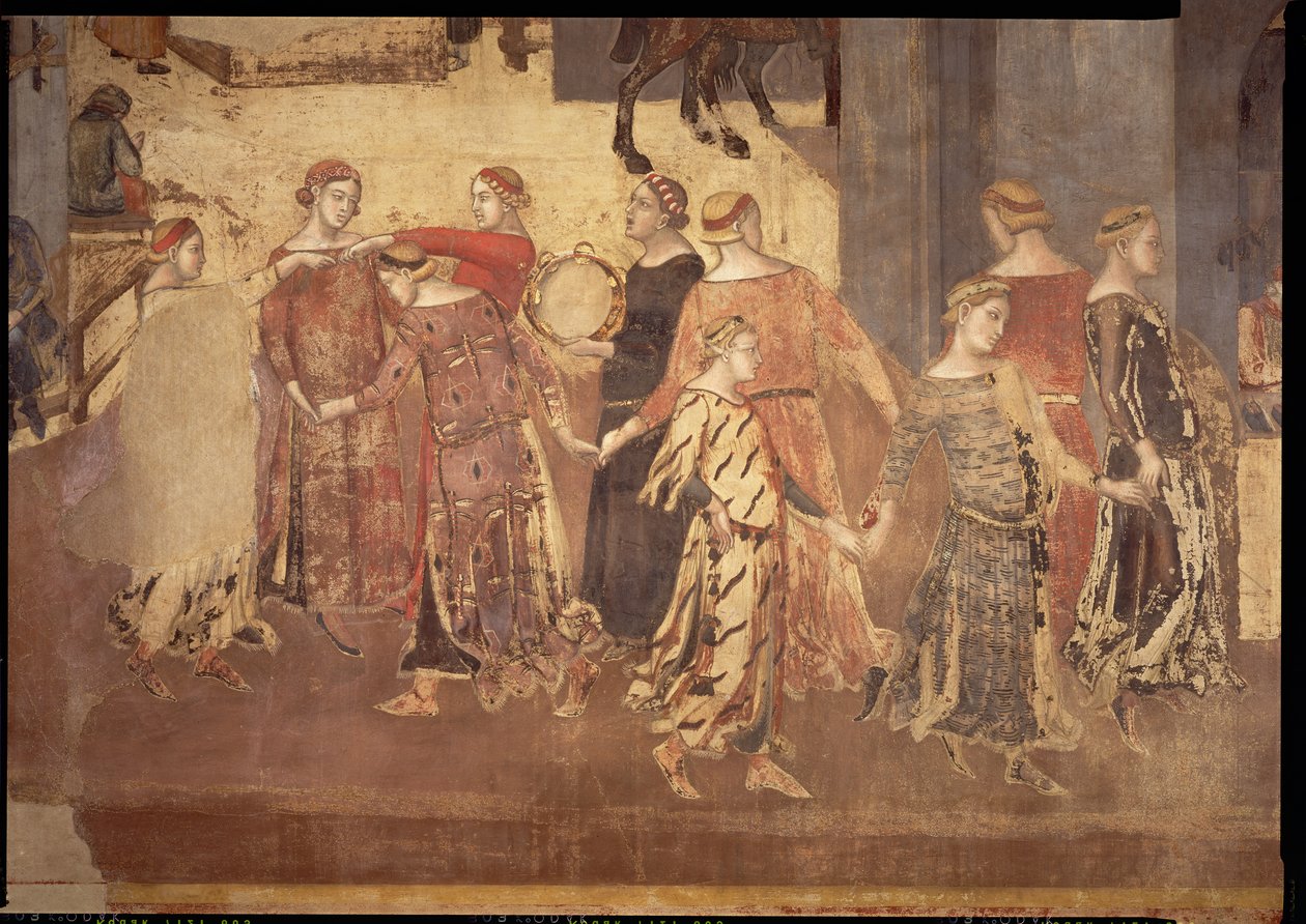 Effetti del Buon Governo in città, dettaglio di ballerini e suonatori di tamburello, 1338-40 da Ambrogio Lorenzetti