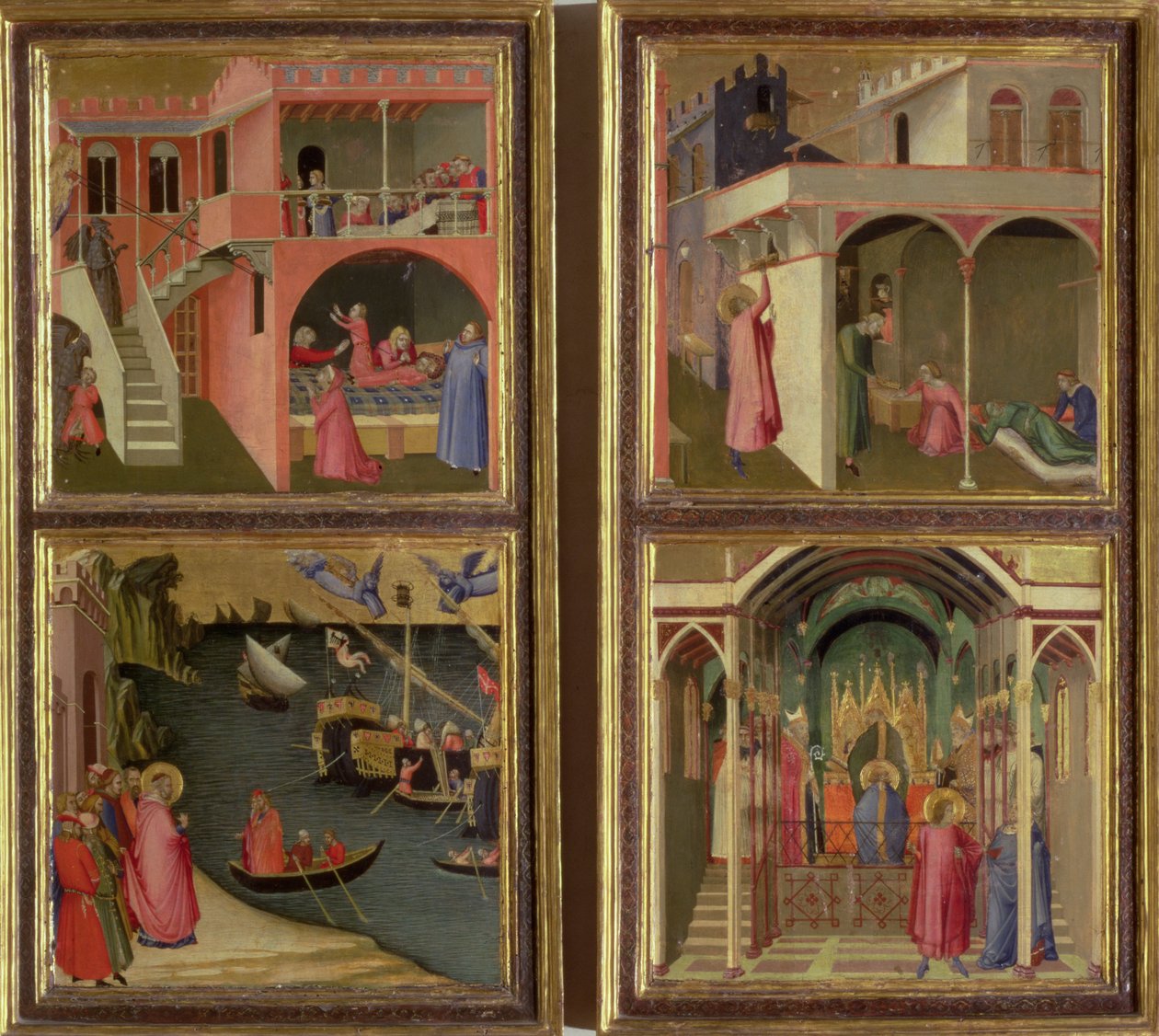 Quattro scene della vita di San Nicola: San Nicola dà la dote a tre ragazze; San Nicola eletto Vescovo di Mira; Resuscita un ragazzo strangolato dal Diavolo; Libera Mira dalla carestia da Ambrogio Lorenzetti