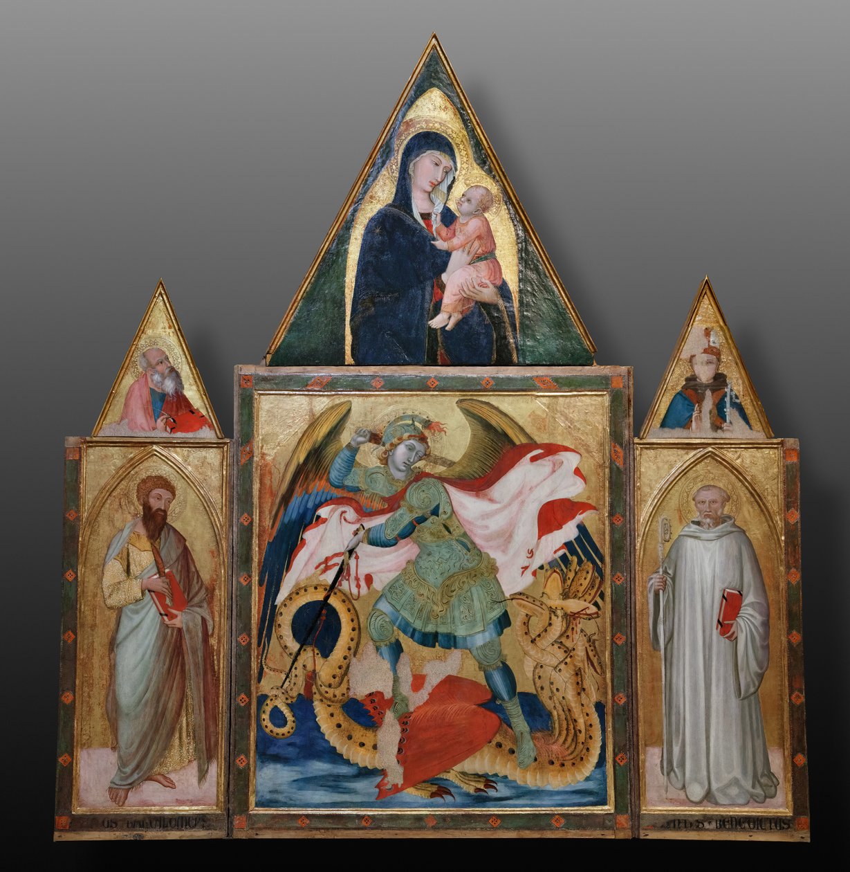 San Michele Arcangelo che uccide il drago tra i santi Benedetto e Bartolomeo da Ambrogio Lorenzetti