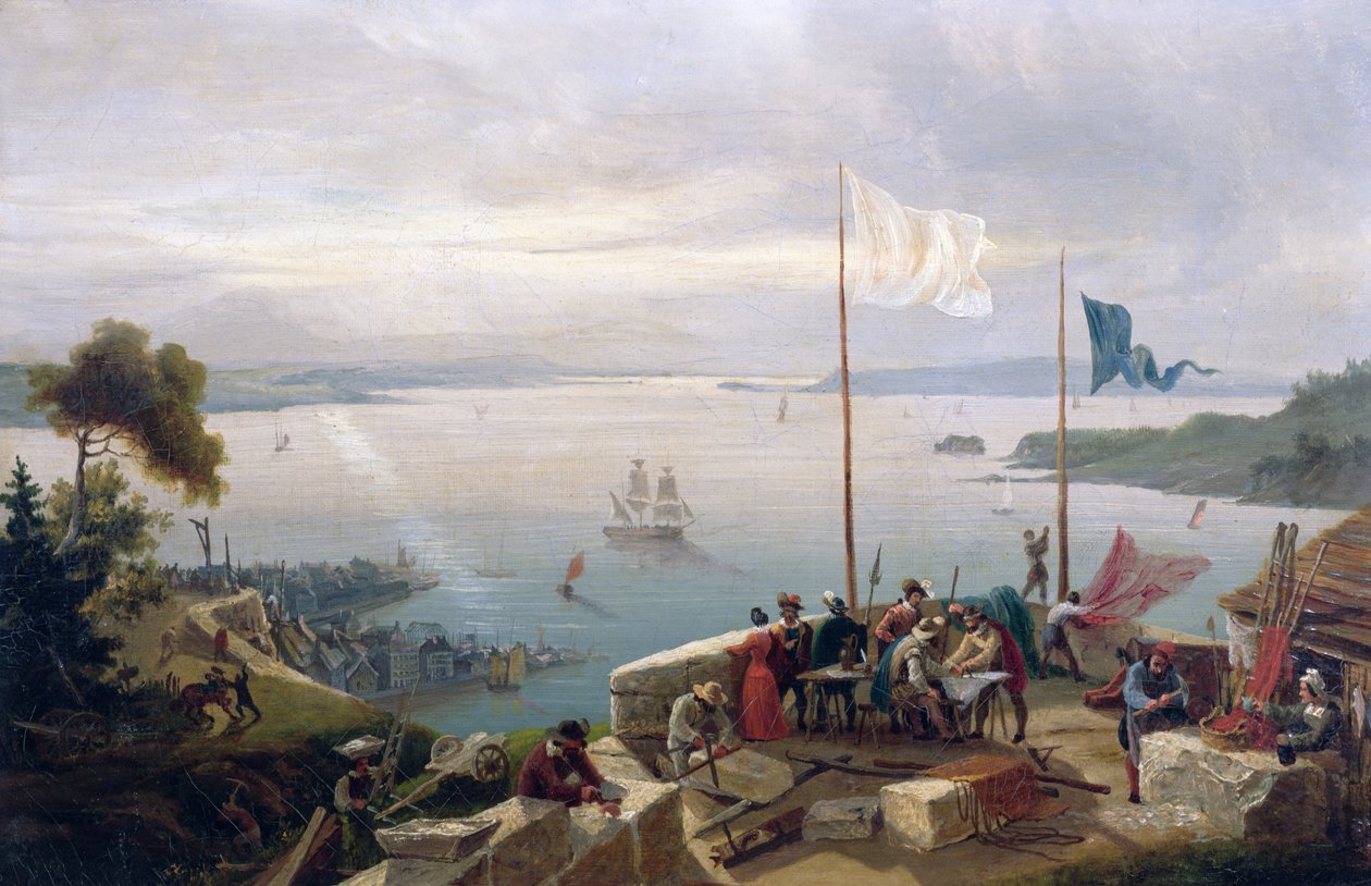 Fondazione della città di Quebec da parte di Samuel de Champlain nel 1608, 1848 da Ambroise Louis Garneray