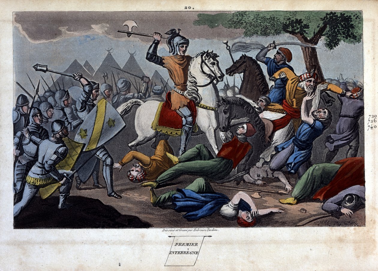 Battaglia di Poitiers: Carlo Martello sconfisse tra Tours e Poitiers Abd al-Rahman I o Abderamane I (Abd al-Rahman) (731-788), re dei Saraceni nel 732 - Disegnato e inciso da Ambrose Tardieu nel 1825 da Ambroise Tardieu
