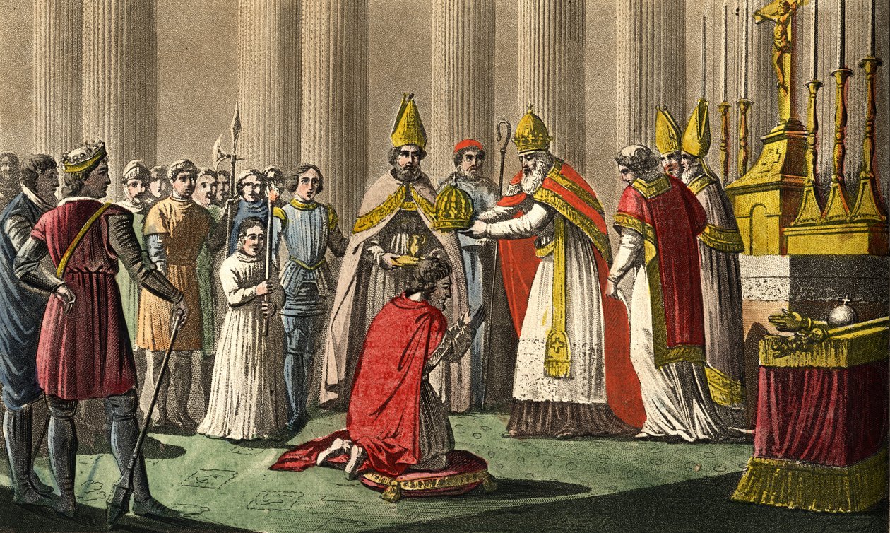 Carlo Magno (742-814) incoronato da Papa Leone III (c750-816) nella basilica di San Pietro a Roma il 25 dicembre 800 - Incoronazione di Carlo Magno (742-814) nell