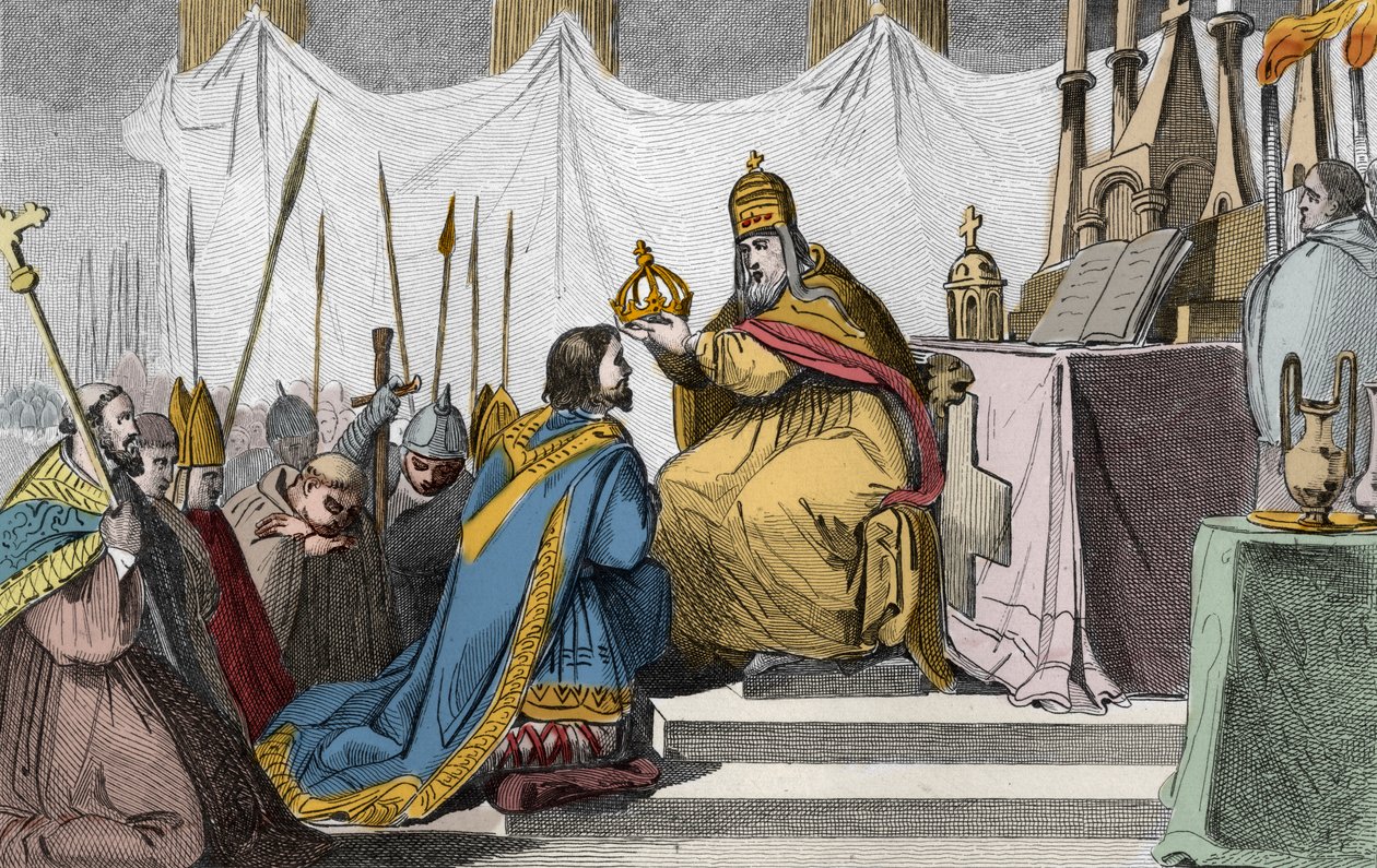 Carlo Magno (742-814) incoronato da Papa Leone III (ca. 750-816) nella basilica di San Pietro a Roma il 25 dicembre 800 - Incoronazione di Carlo Magno nel 800 da Papa Leone III - Incisione del 1825 in 