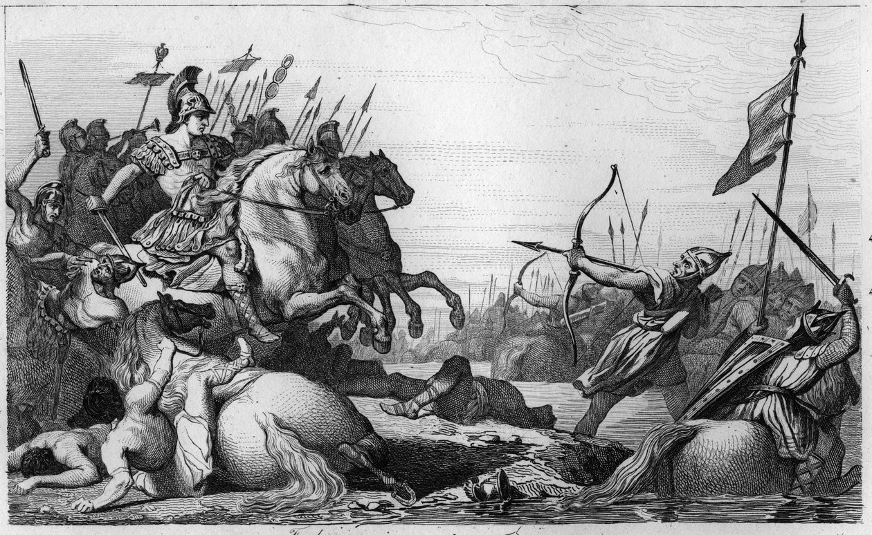 Clodione il Capelluto si ritira attraverso il ponte dopo la sua sconfitta da parte di Ezio - Clodione è sconfitto da Ezio, generale di Valentiniano III da Ambroise Tardieu