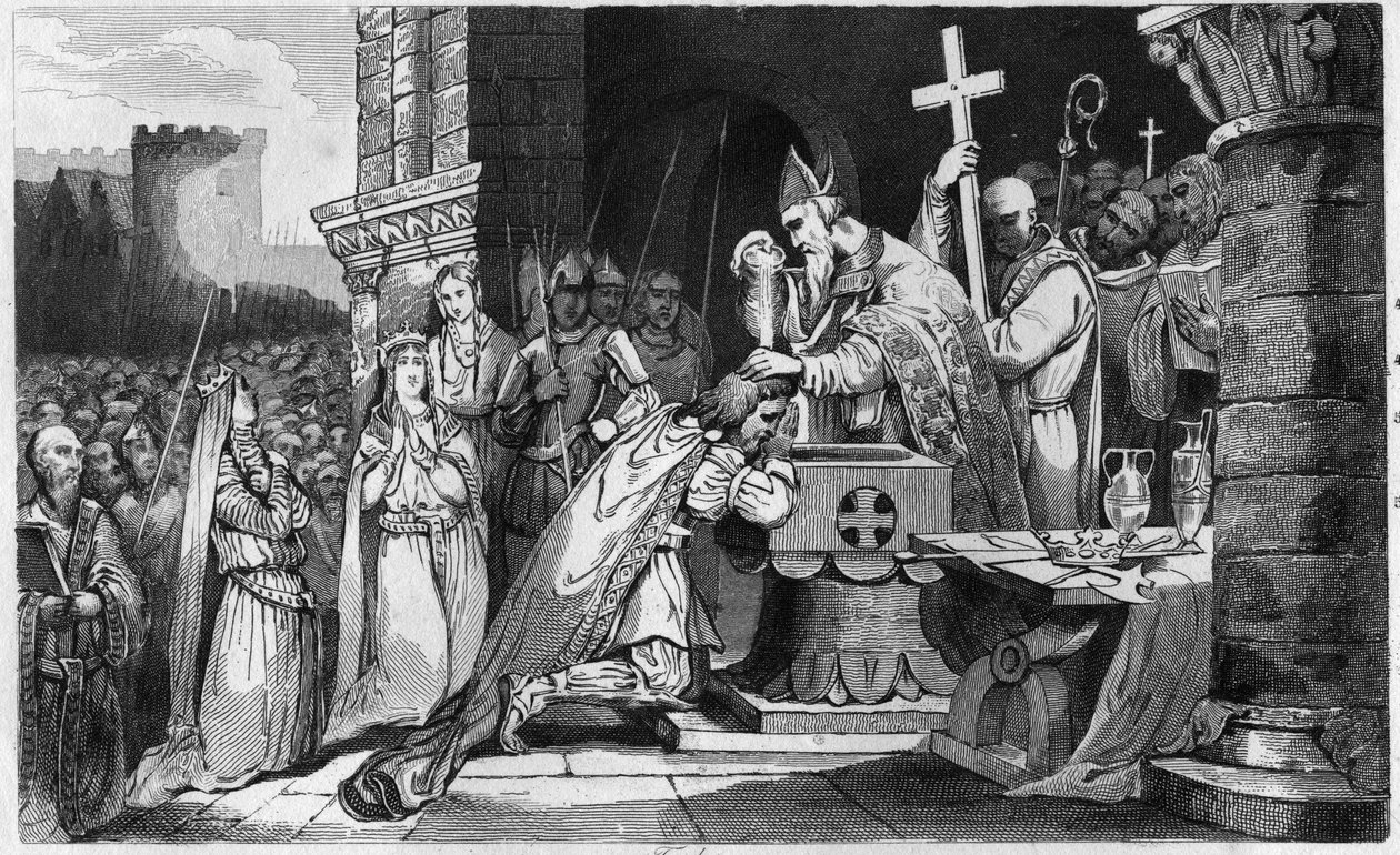 Clodoveo I (465-511) battezzato con gli uomini del suo esercito prima della battaglia di Tolbiac - Battesimo di Clodoveo I, 25 dicembre 496: il re dei Franchi (466-511) viene battezzato da San Remigio (437-533), vescovo di Reims, nella chiesa di San Martin da Ambroise Tardieu