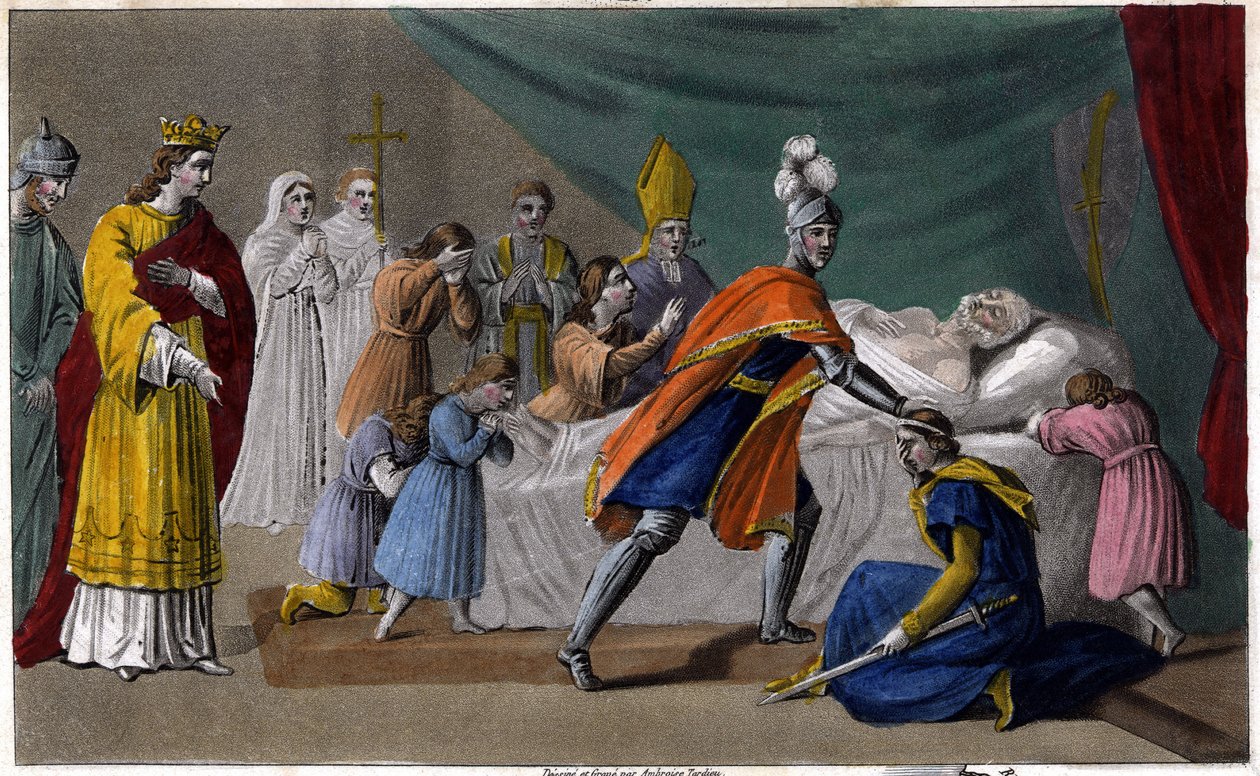 Morte di Pipino di Herstal (635-714) circondato dalla sua famiglia - Disegnato e inciso da Ambroise Tardieu nel 1825 da Ambroise Tardieu