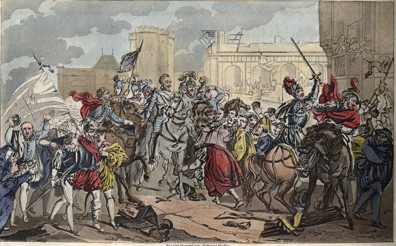 Entrata di Enrico IV a Parigi: Enrico IV (1553 - 1610). La conversione del re al cattolicesimo diede il colpo finale alla Lega, aprì le porte di Parigi e il cuore dei suoi sudditi, nel 1594. Disegnato e inciso da Ambroise Tardieu nel 1825. da Ambroise Tardieu
