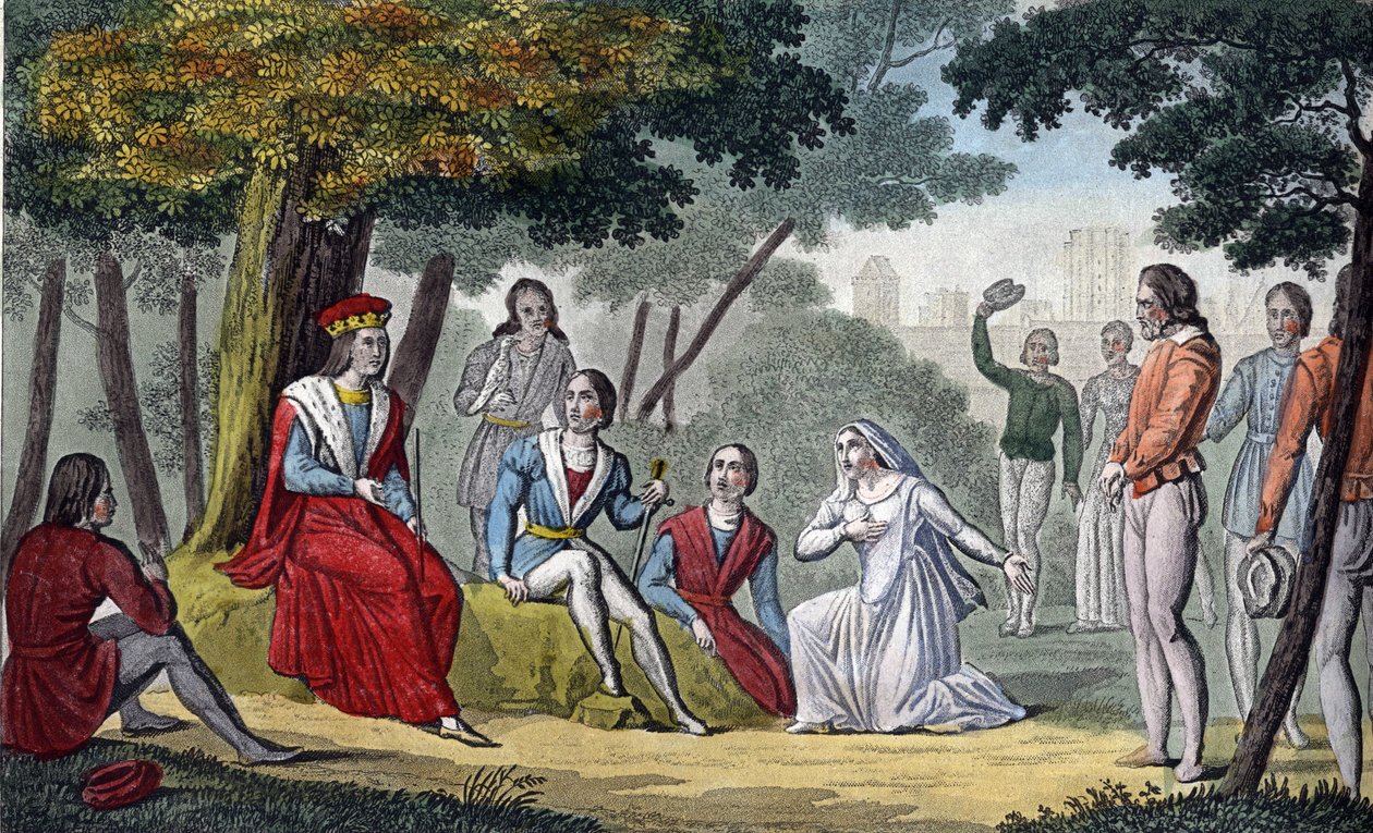 Luigi IX, noto come "San Luigi" (1214-1270) rende giustizia a tutti i suoi sudditi nel bosco di Vincennes - Disegnato e inciso da Ambroise Tardieu nel 1825 da Ambroise Tardieu