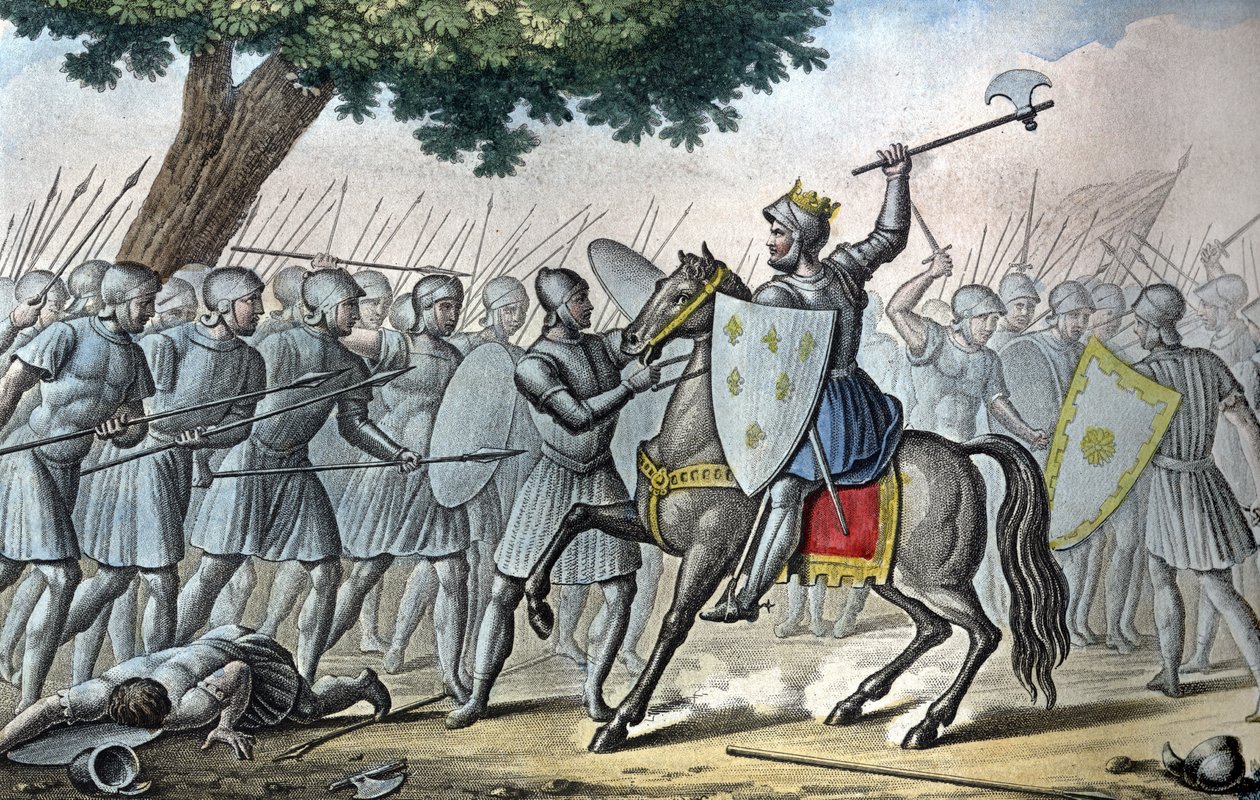 Luigi VI, detto "il Grosso" (1081 - 1137), nella battaglia di Brenneville, tenta di togliere la Normandia al re Enrico I nel 1119. - Disegnato e inciso da Ambroise Tardieu nel 1825. da Ambroise Tardieu