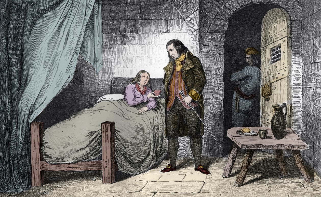 Luigi XVII (1785-95) malato e imprigionato - il Delfino di Francia Luigi XVII (1785-1795) malato nella prigione del Tempio - Incisione del 1825 in "Histoire de France" da Ambroise Tardieu