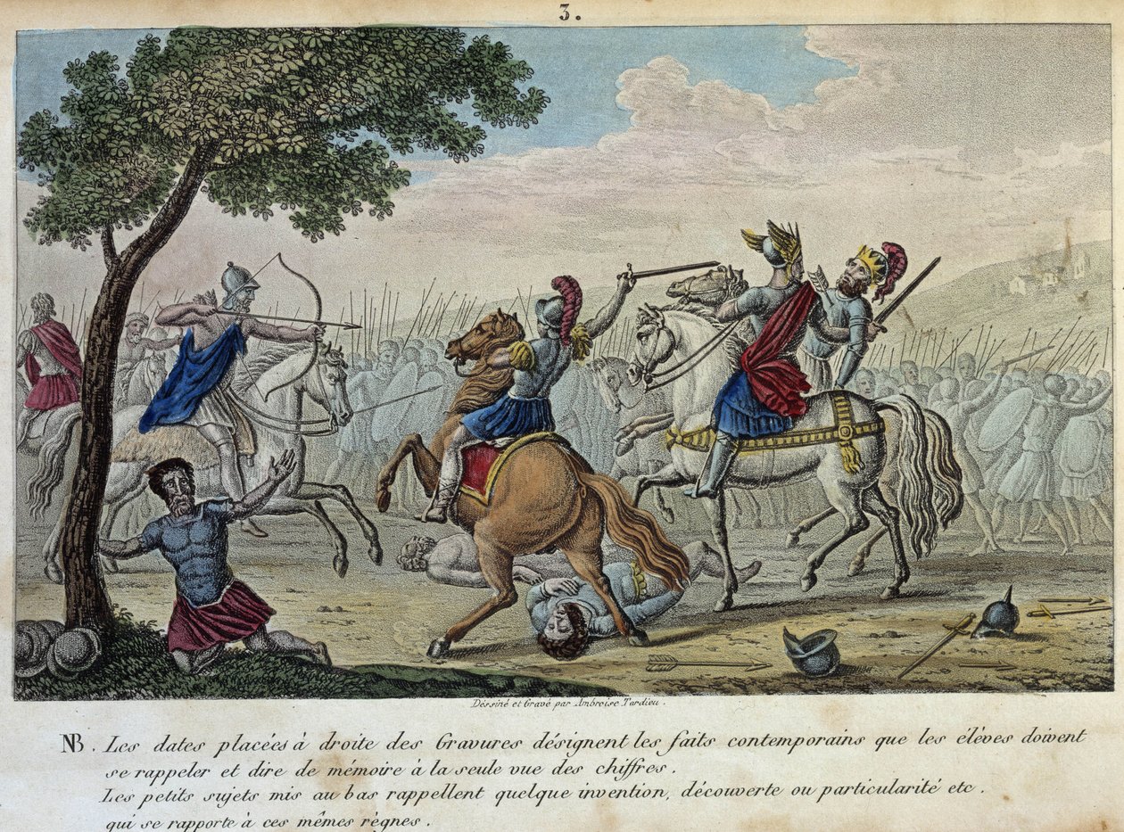 Meroveo (447-458) sfida Attila ai Campi Catalaunici vicino a Troyes con Ezio e Teodorico I. È il presuntuoso re dei Franchi-Salii e diede il suo nome alla dinastia merovingia. - Disegnato e inciso da Ambroise Tardieu nel 1825 da Ambroise Tardieu