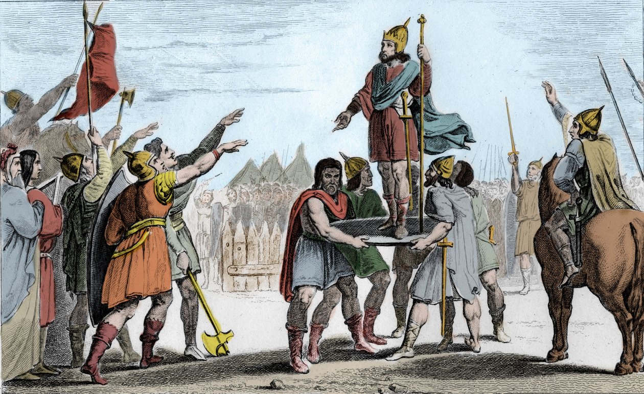 Faramondo I (c370-427), Re dei Franchi. Sollevato su uno scudo dal suo popolo che lo ha eletto re - Faramondo, riconosciuto dai Franchi-Sali e dai Galli riuniti in un unico popolo, viene sollevato su uno scudo e cammina intorno al campo in trionfo da Ambroise Tardieu