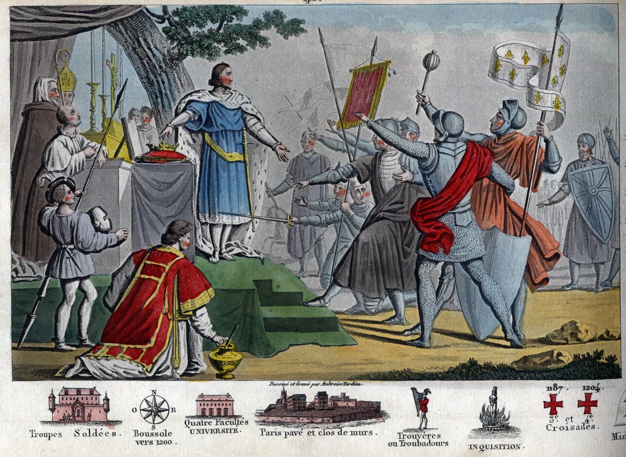Filippo II (1165-1223), re Capetingio, noto come "Augusto", propone di dare la sua corona ai suoi soldati se riescono a mantenerla un giorno prima della battaglia di Bouvines, ma tutti preferiscono mantenere il loro re. Vincendo questa battaglia, Filippo I da Ambroise Tardieu