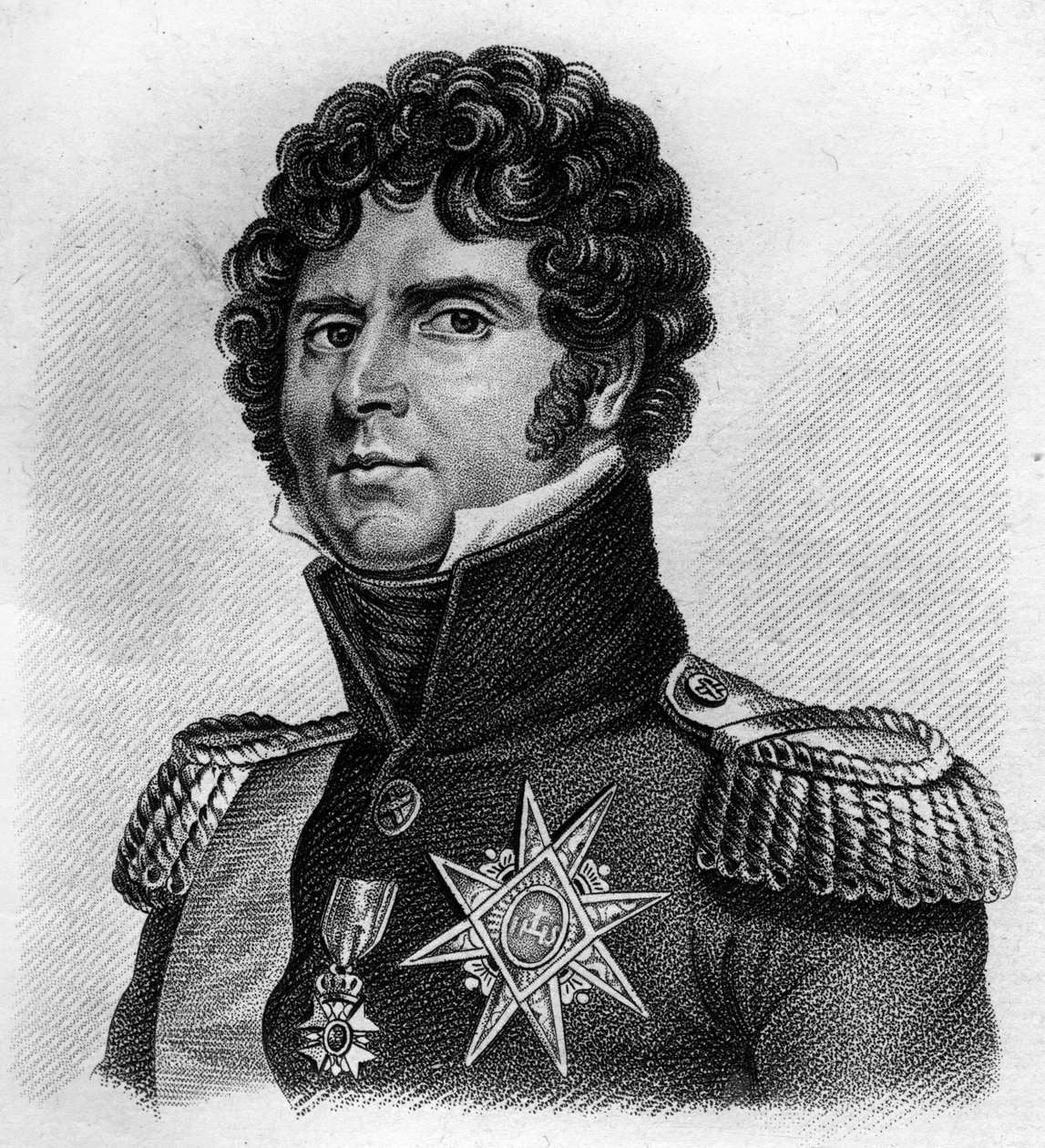 Ritratto di Charles Jean-Baptiste Bernadotte (1763-1844), maresciallo di Francia, re Carlo XIV di Svezia e Norvegia. In "Ritratti dei generali francesi". Incisione di Ambroise Tardieu del 1818. Collezione Stella da Ambroise Tardieu