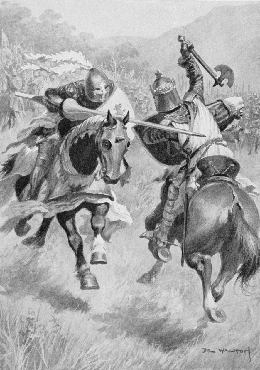 Incontro tra Robert Bruce (1274-1329) e Sir Henry de Bohun (1276-1322) illustrazione da British Battles on Land and Sea a cura di Sir Evelyn Wood (1838-1919) prima pubblicazione 1915 (litografia a colori) da Ambrose de Walton
