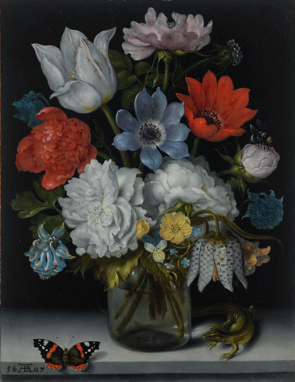 Olandese: Fiori in una fiaschetta di vetro su un ripiano di marmo, affiancati da una farfalla Red Admiral e da una lucertola Natura morta di fiori in una fiaschetta di vetro su un ripiano di marmo, affiancati da una farfalla Red Admiral e da una lucertola da Ambrosius Bosschaert