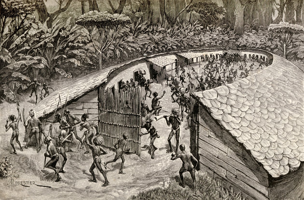 Gli Indigeni di Iyugu si Preparano per la Guerra, 1890 (incisione su legno) da Amedee Forestier