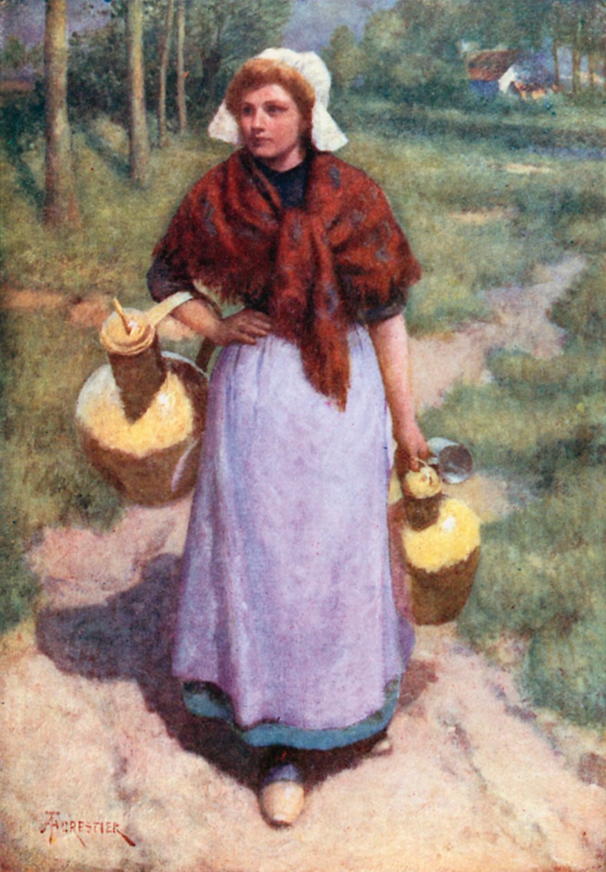 Una ragazza di campagna fiamminga (litografia a colori) da Amedee (after) Forestier