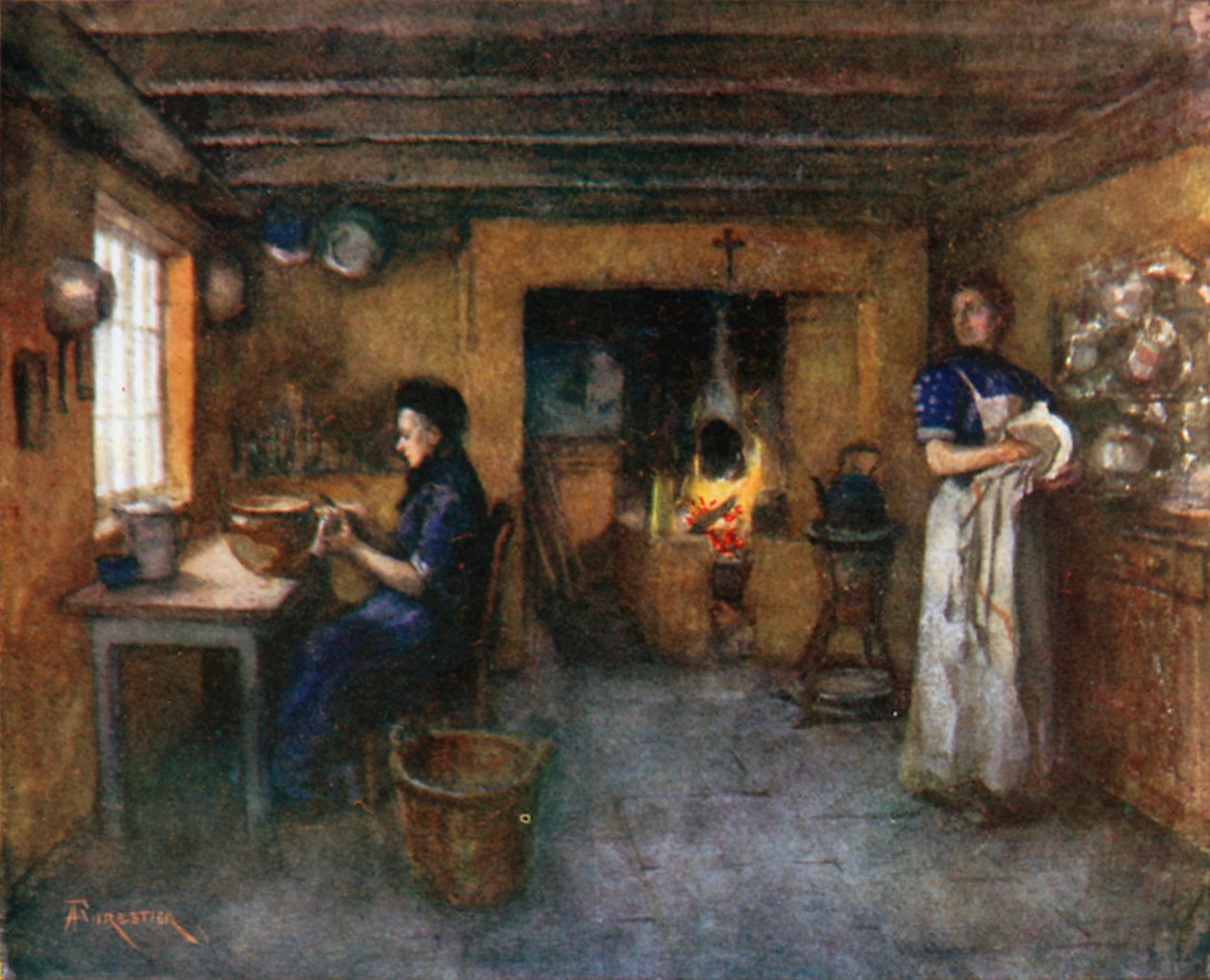 Interno di una casa colonica, Duinhoek (litografia a colori) da Amedee (after) Forestier