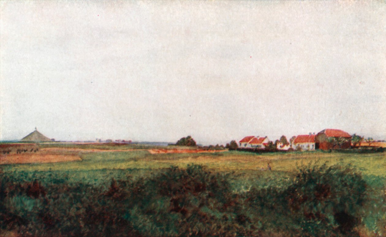 La fattoria della Belle Alliance e il tumulo sormontato dal leone belga, Waterloo (litografia a colori) da Amedee (after) Forestier