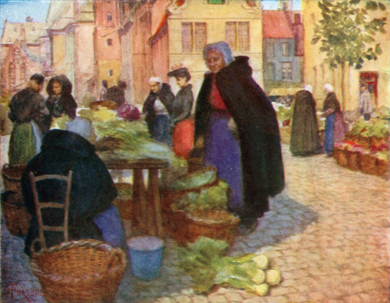 Mercato delle verdure, Bruges (litografia a colori) da Amedee (after) Forestier