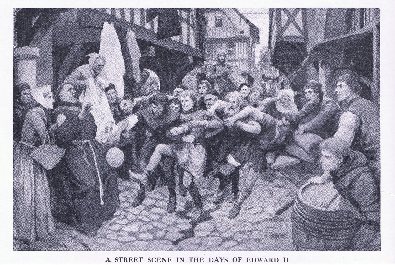 Una scena di strada ai tempi di Edoardo II, da La Storia del Popolo Britannico di Cassell pubblicato da Waverley Book Company Limited, c.1940 da Amedee Forestier