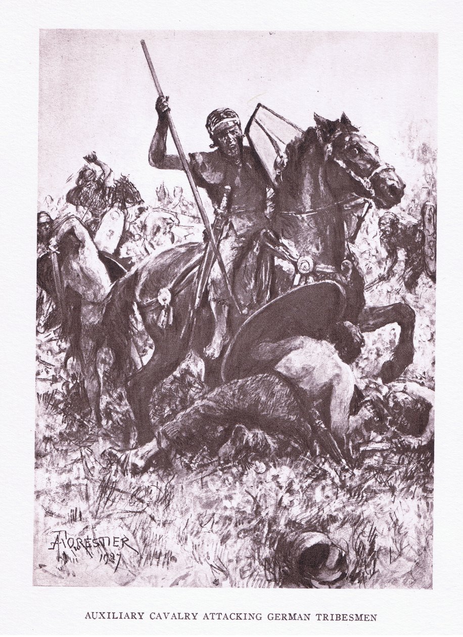 Cavalleria ausiliaria che attacca tribù germaniche, illustrazione da Il Soldato Romano, 1928 da Amedee Forestier