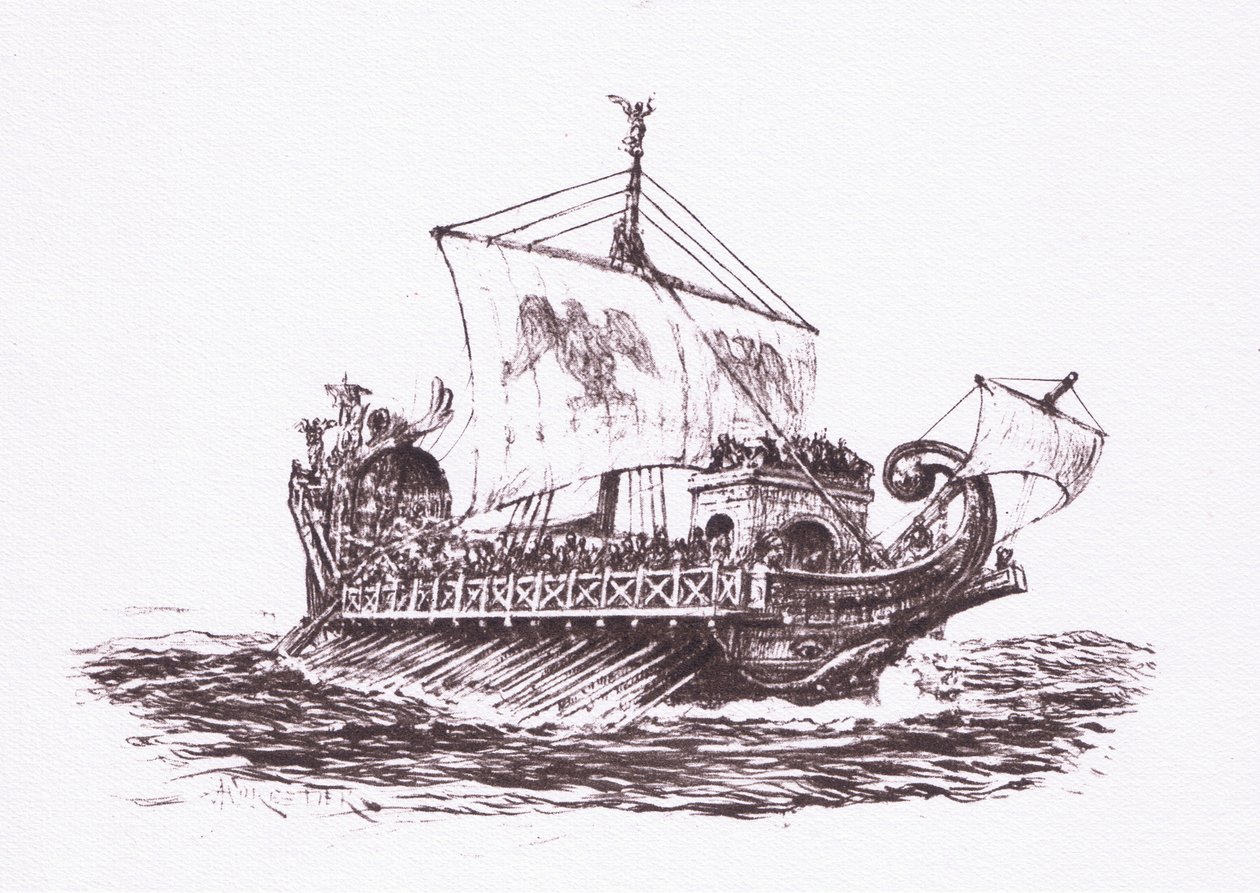 Pattuglia della flotta: navi romane, illustrazione da Il Soldato Romano, 1928 da Amedee Forestier