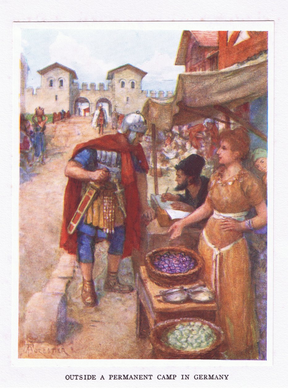 Fuori da un campo permanente in Germania, illustrazione da Il Soldato Romano, 1928 da Amedee Forestier