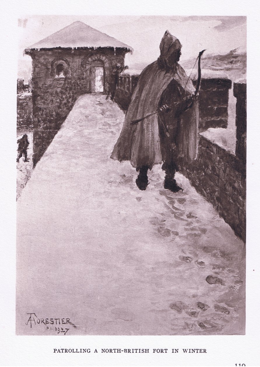 Pattugliamento di un forte nel nord della Britannia in inverno, illustrazione da Il Soldato Romano, 1928 da Amedee Forestier