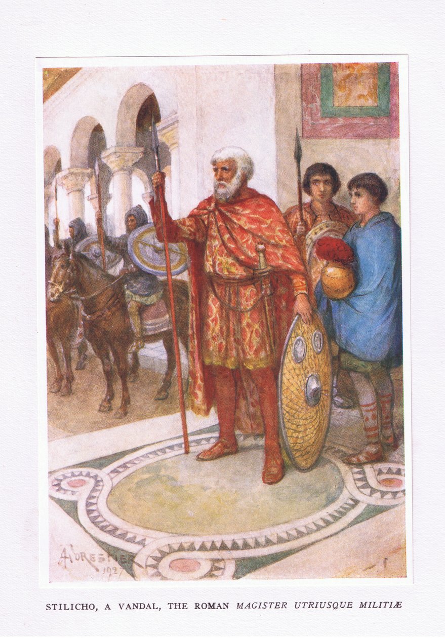 Stiliko, un vandalo, Il Magister Utriusque Militae Romano, illustrazione da Il Soldato Romano, 1928 da Amedee Forestier