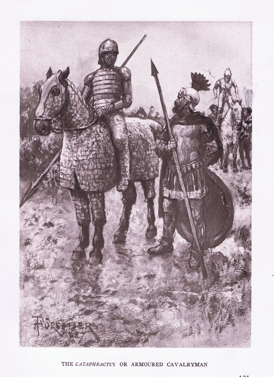 Il Cataphractus o cavaliere corazzato, illustrazione da Il Soldato Romano, 1928 da Amedee Forestier