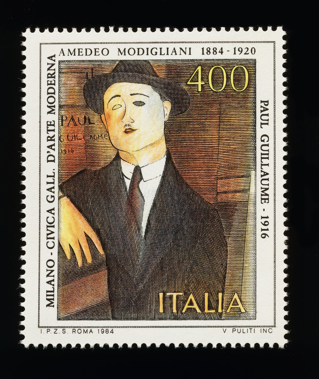 Francobollo della serie arti italiane in onore di Amedeo Modigliani (1884-1920), raffigurante Ritratto di Paul Guillaume (1916), francobollo da 400 lire da Amadeo (after) Modigliani
