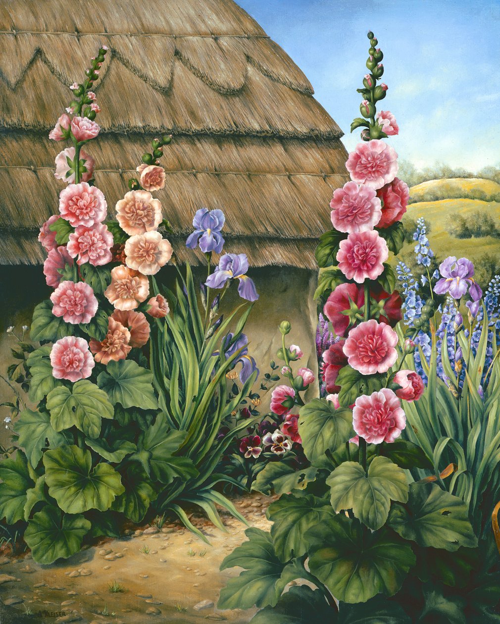 Giardino di un Cottage con Alcea, 1995 da Amelia Kleiser