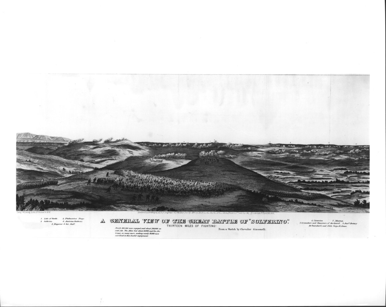 Veduta Generale della Grande Battaglia di Solferino, 24 giugno 1859, da uno schizzo di Chevalier Giacomelli, pub. da Lang und Laing, c.1859 da American School