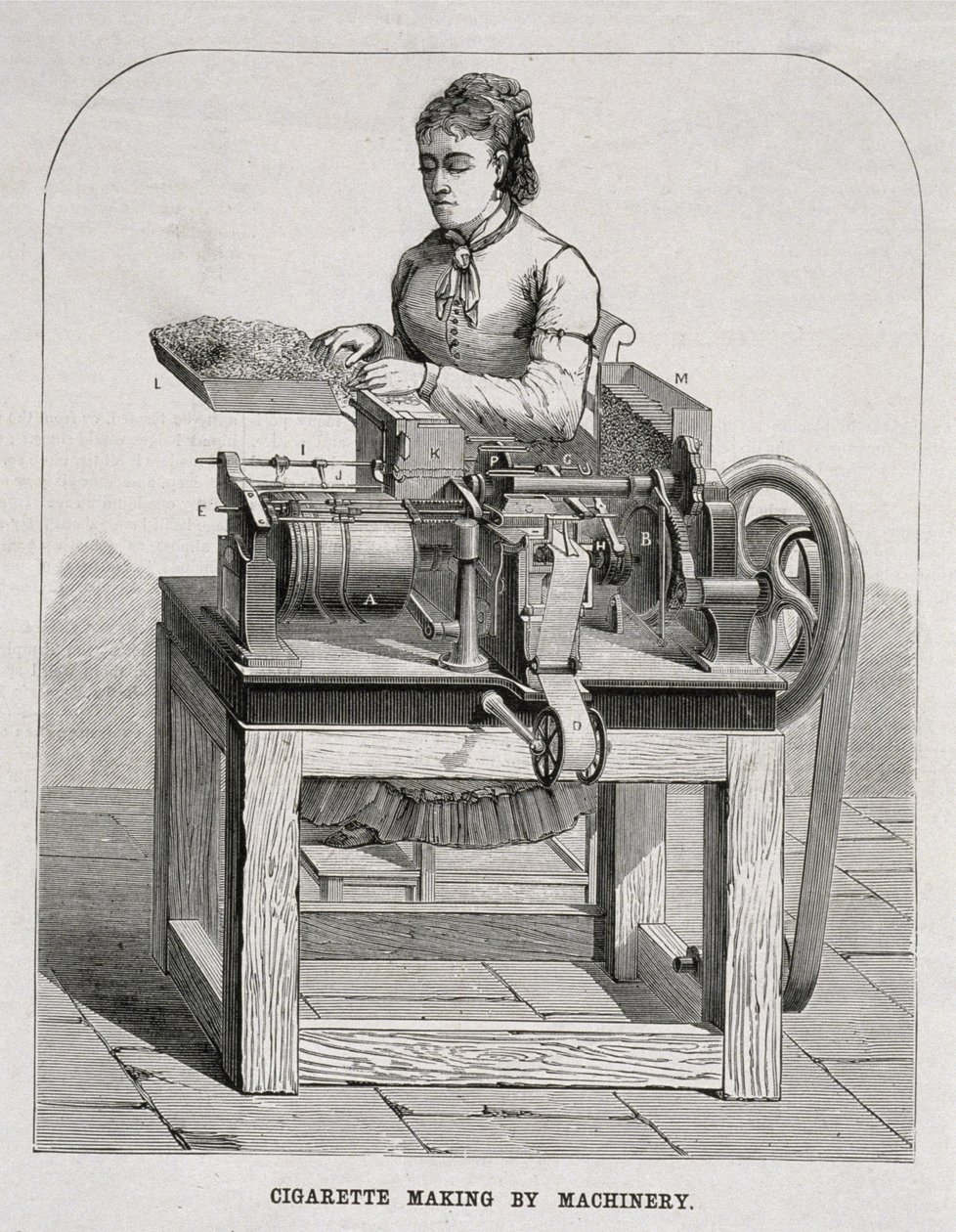 Una donna che opera una macchina francese per arrotolare sigarette, 1878 da American School