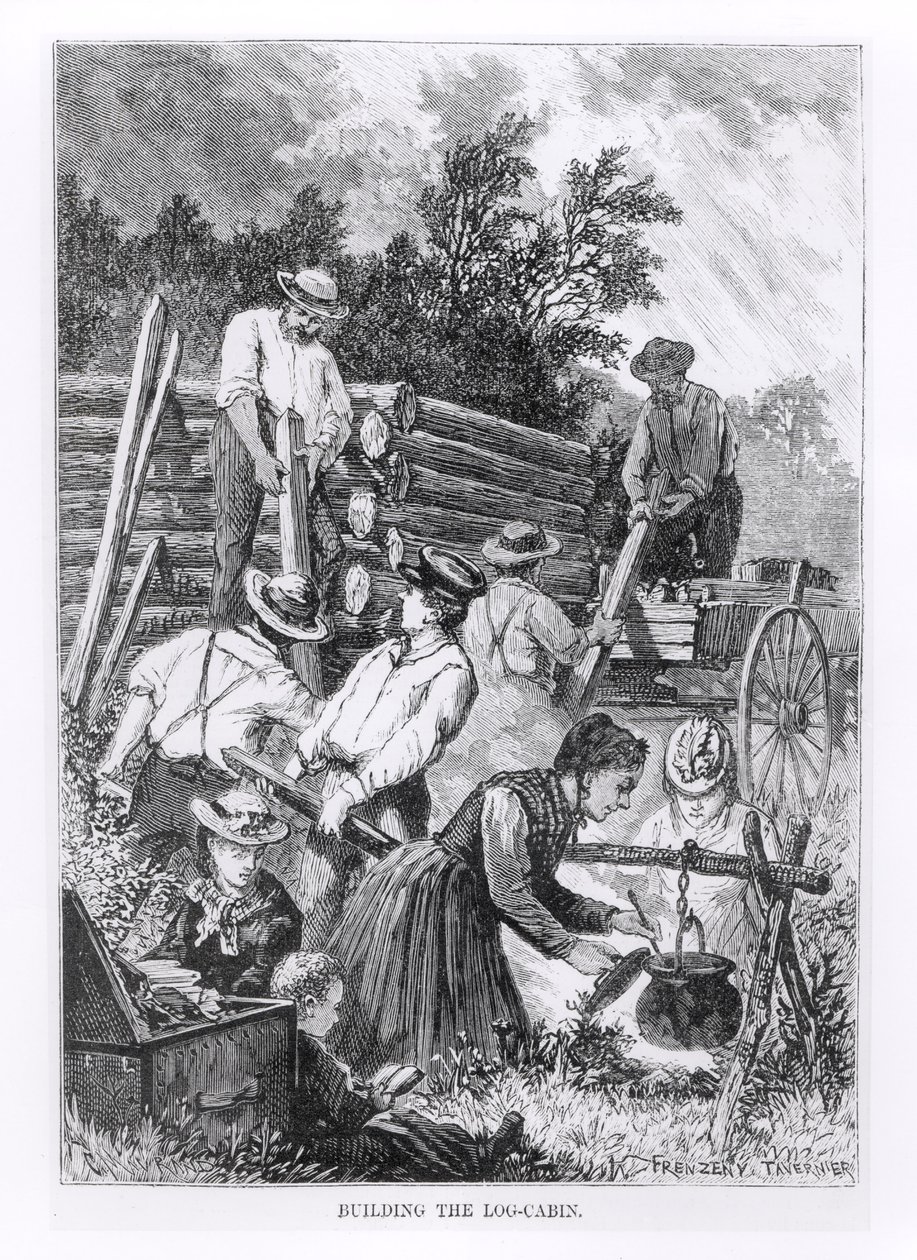 Costruzione della Capanna di Tronchi, inciso da Charles Maurand da American School