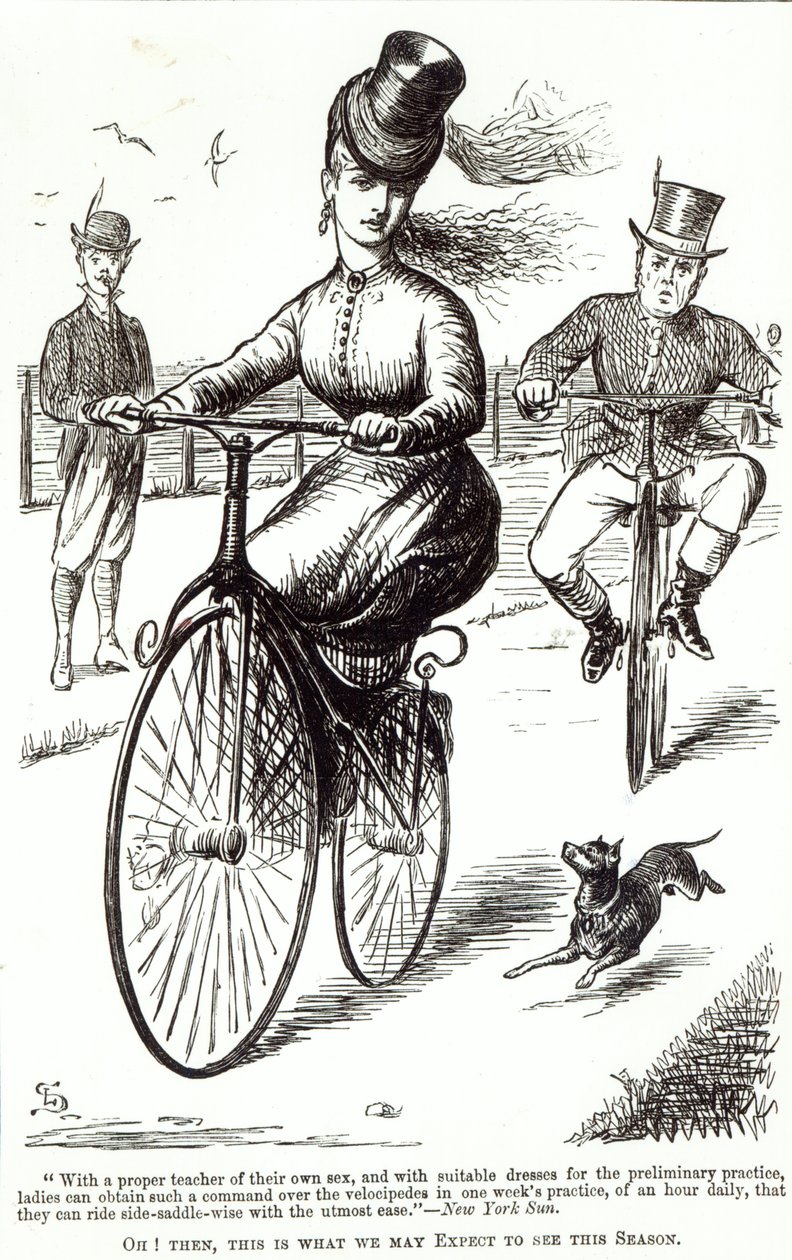 Cartone animato di una signora su un velocipede, 1869 da American School