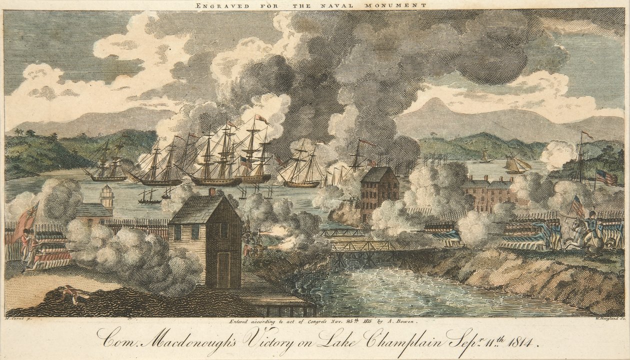 La vittoria del Com. Macdonough sul lago Champlain, 11 settembre 1814, pub. 1815 (incisione colorata a mano) da American School