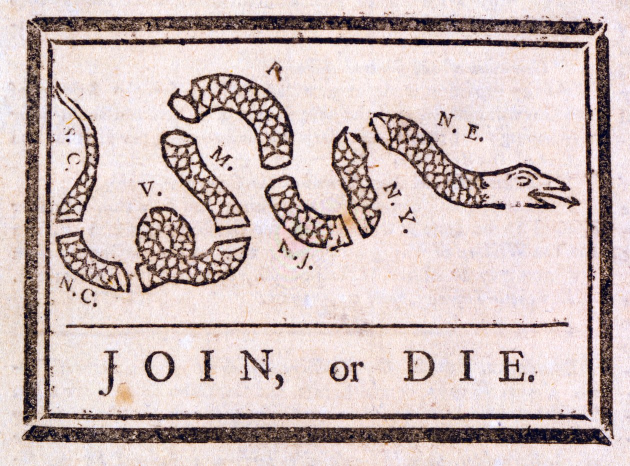 Unirsi o morire, esortazione di Benjamin Franklin, 1754 da American School
