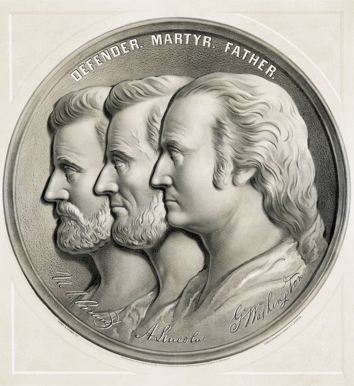 Medaglione che mostra Ulysses S. Grant, Abraham Lincoln e George Washington come Difensore, Martire e Padre, 1870 da American School