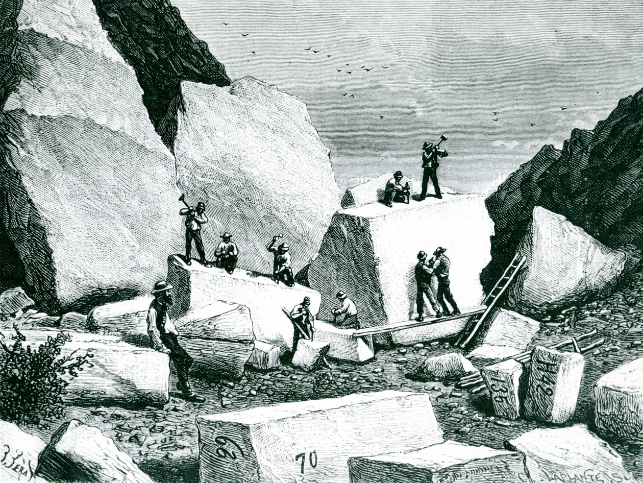 Mormoni che estraggono granito per il Tabernacolo, disegnato da J. Ferat e inciso da C. Laplante da American School