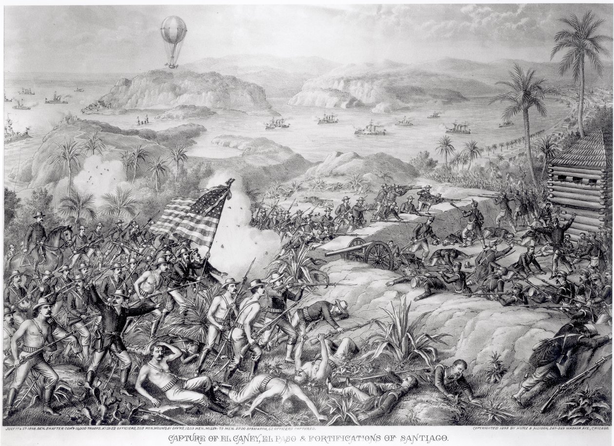 La cattura di El Caney, El Paso e le fortificazioni di Santiago, luglio 1898 da American School
