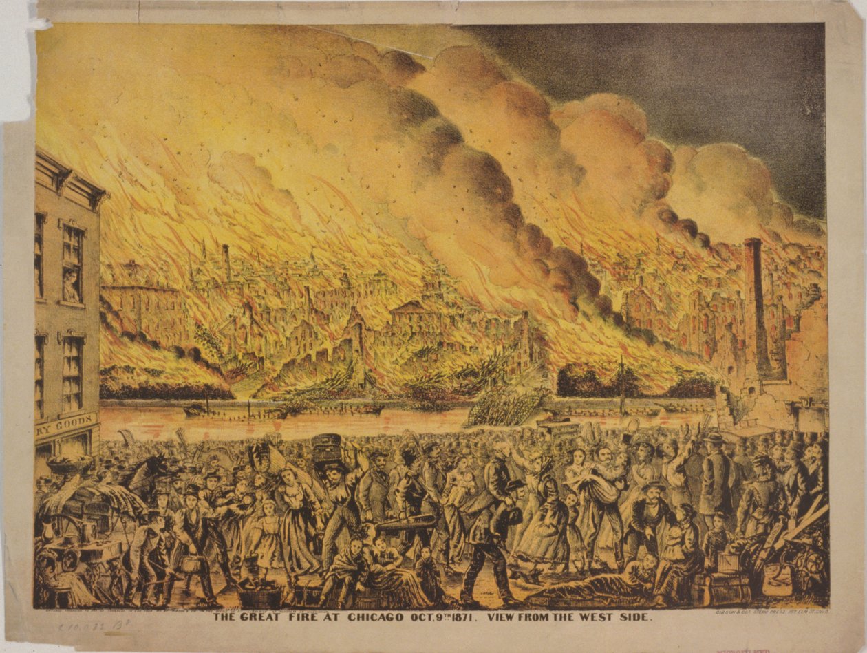 Veduta del grande incendio di Chicago, 9 ottobre 1871, dal lato ovest da American School