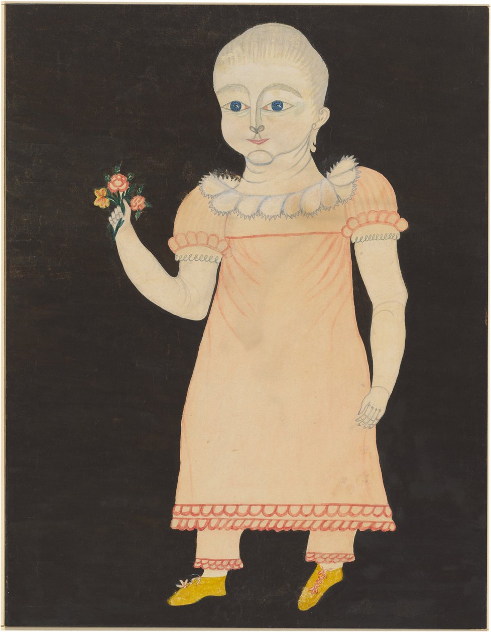Bambino in abito rosa con rose da American 19th Century